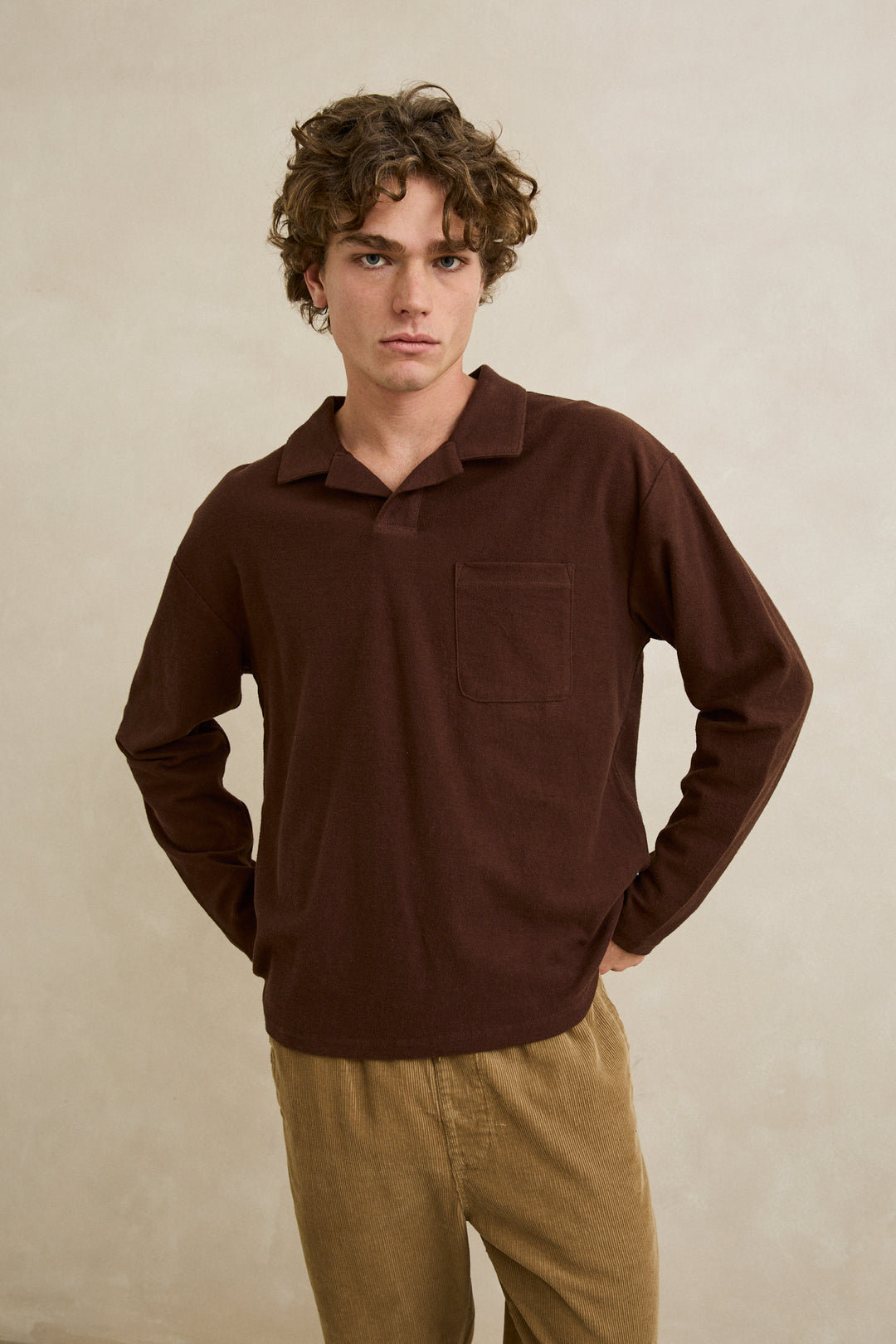 Rhythm Vintage Terry Long Sleeve Polo-Chocolate