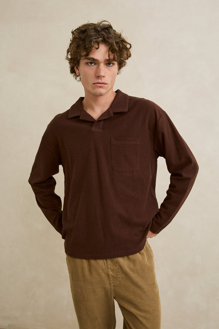 Rhythm Vintage Terry Long Sleeve Polo-Chocolate