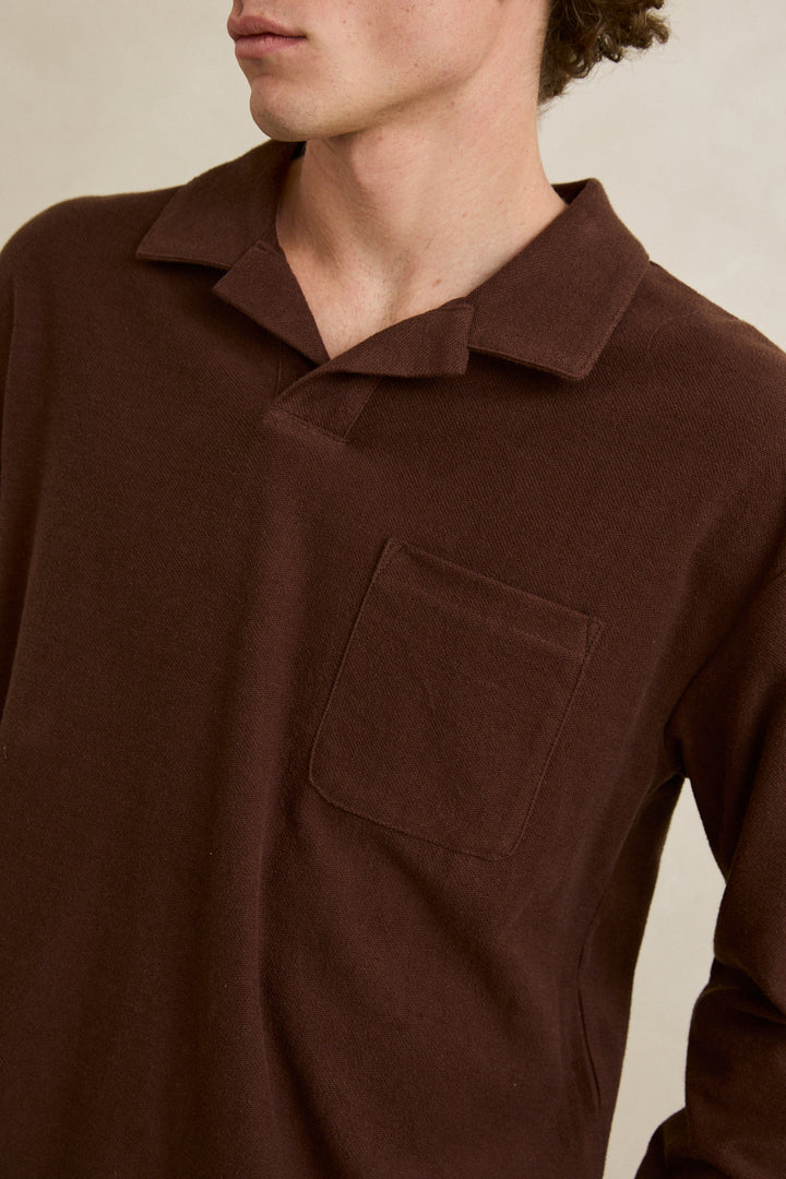 Rhythm Vintage Terry Long Sleeve Polo-Chocolate