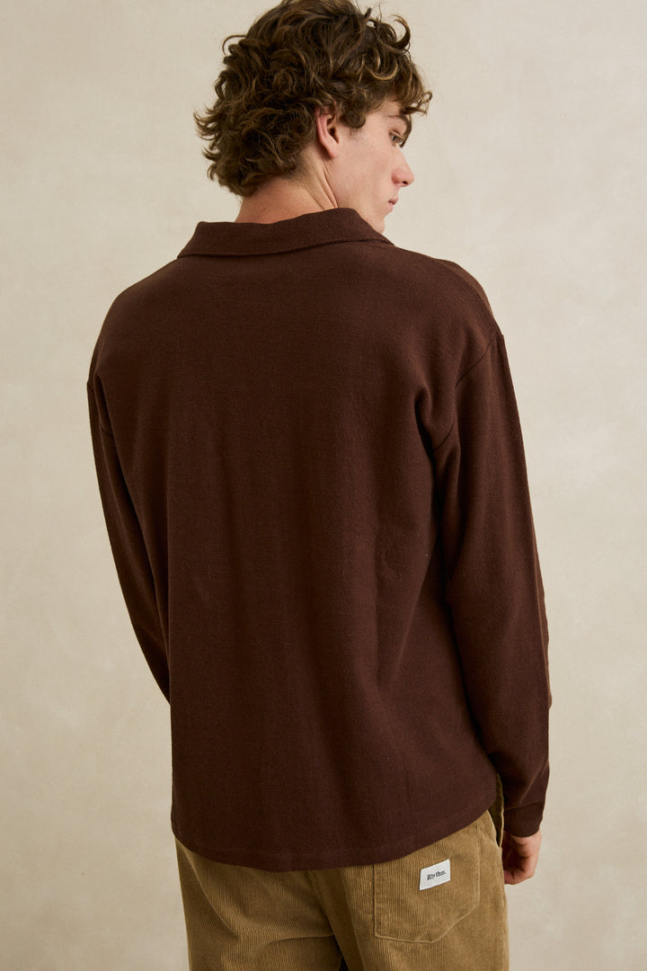 Rhythm Vintage Terry Long Sleeve Polo-Chocolate