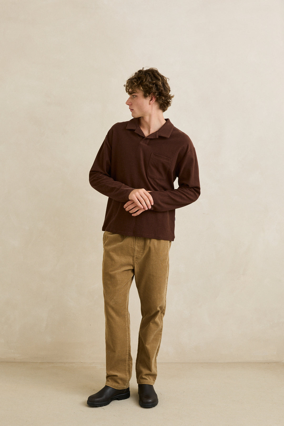 Rhythm Vintage Terry Long Sleeve Polo-Chocolate