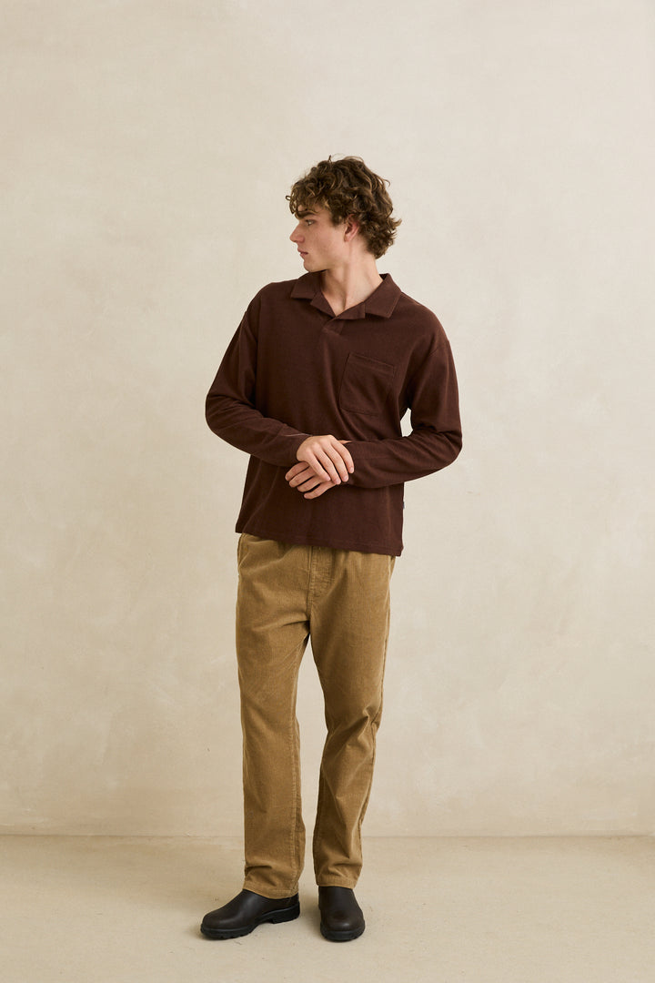Rhythm Vintage Terry Long Sleeve Polo-Chocolate