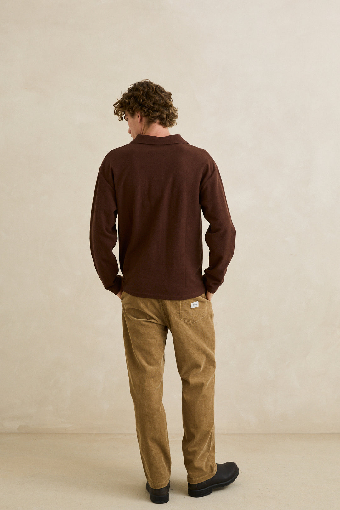 Rhythm Vintage Terry Long Sleeve Polo-Chocolate
