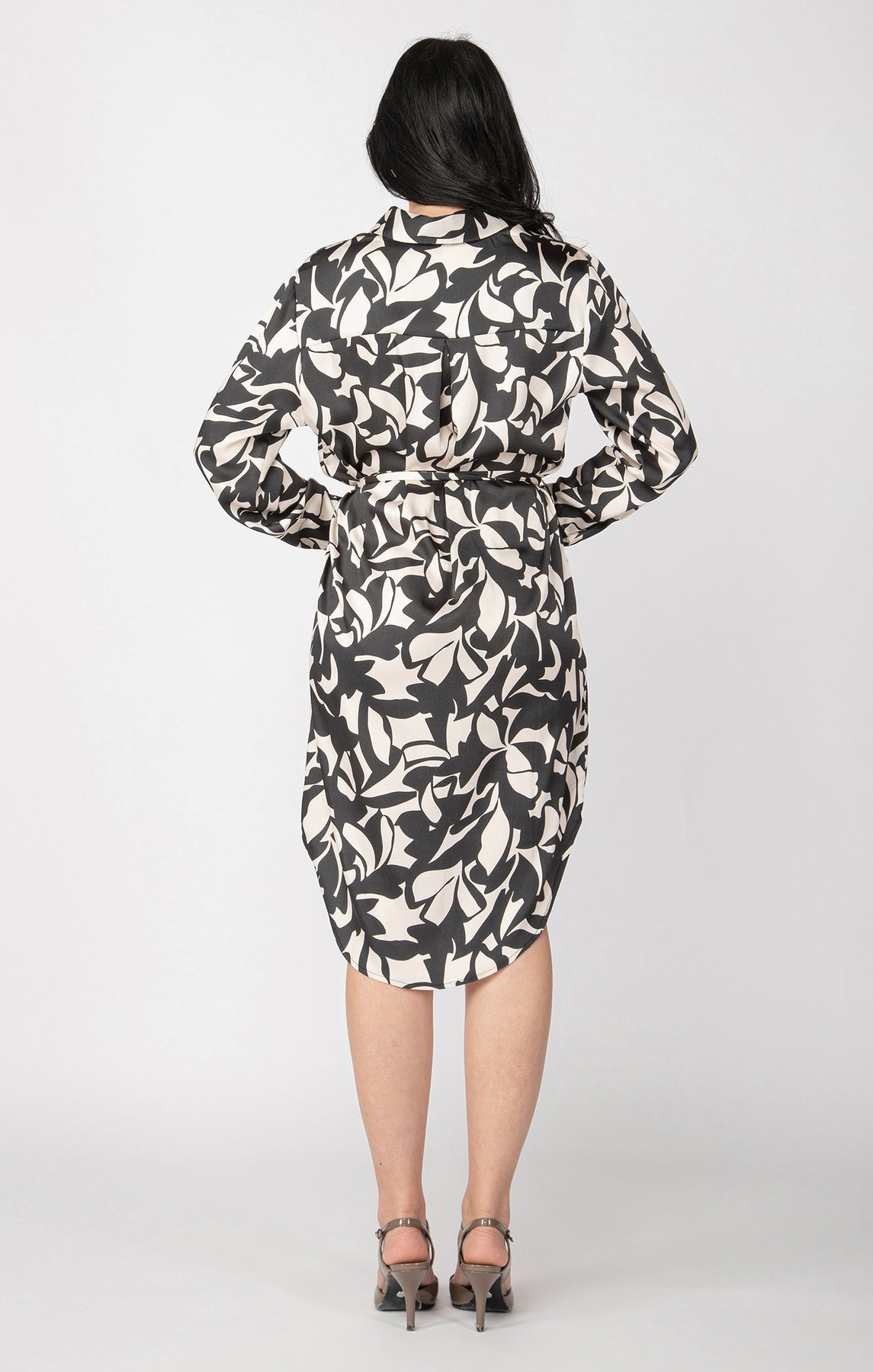 belted satin shirt dress Black Tape LS Belted Satin Shirt Dress Black/Cream Floral / S