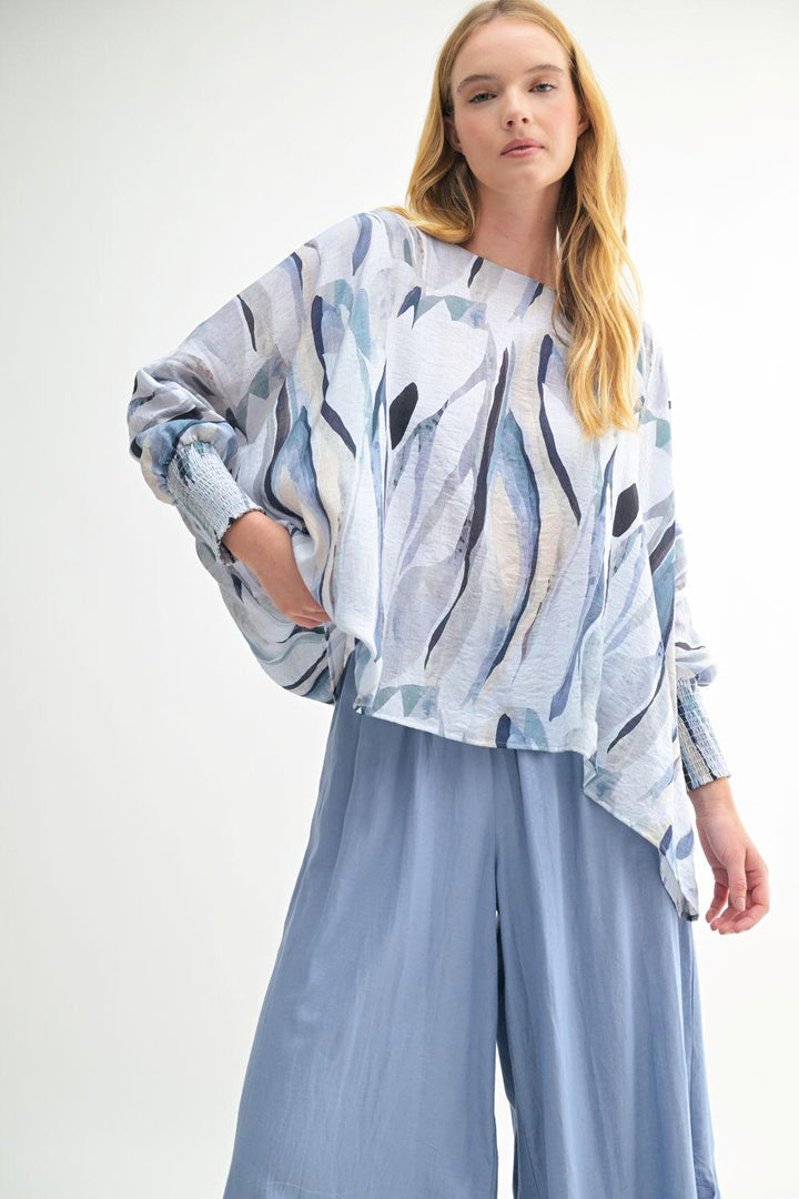Fun2Fun Abstract Print Smocked Cuff Sleeve Oversized Top
