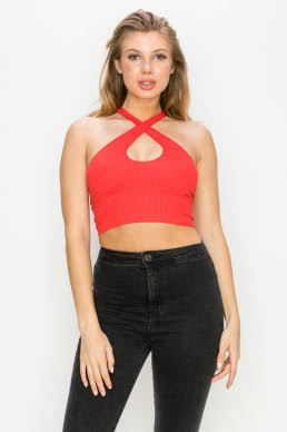 X Crossed Keyhole Front Sleeveless Top