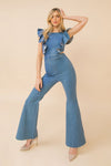 Flying Tomato Flared Stretch Denim Jumpsuit With Ruffled Sleeves And Side Cut Outs