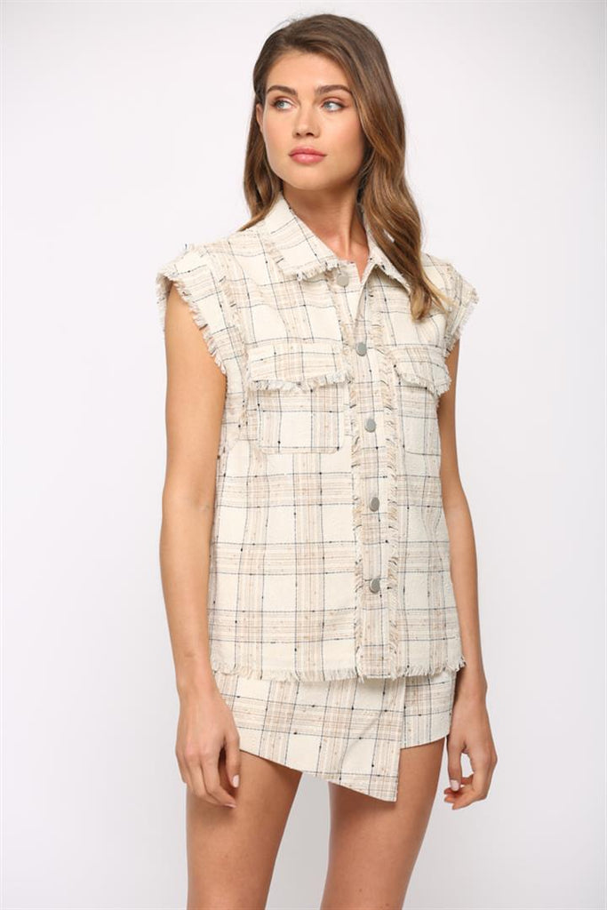 Fate Plaid Button Down Sleeveless Jacket