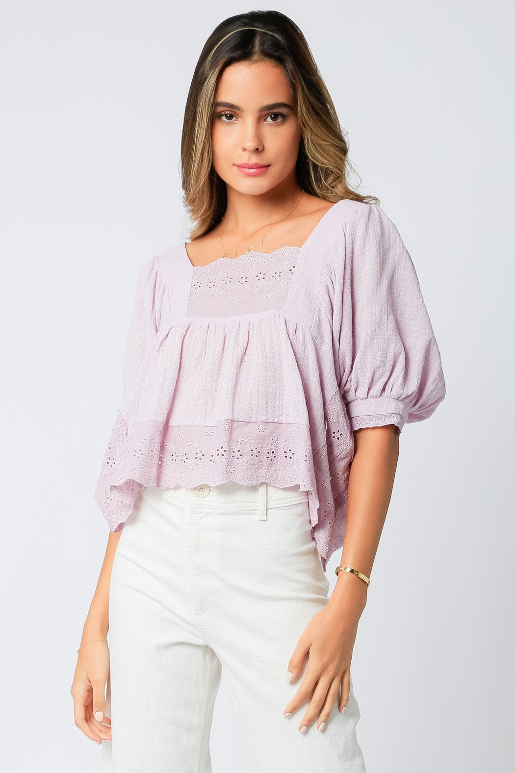 Olivaceous Blouse Top With Lace Detail And Puff Sleeves