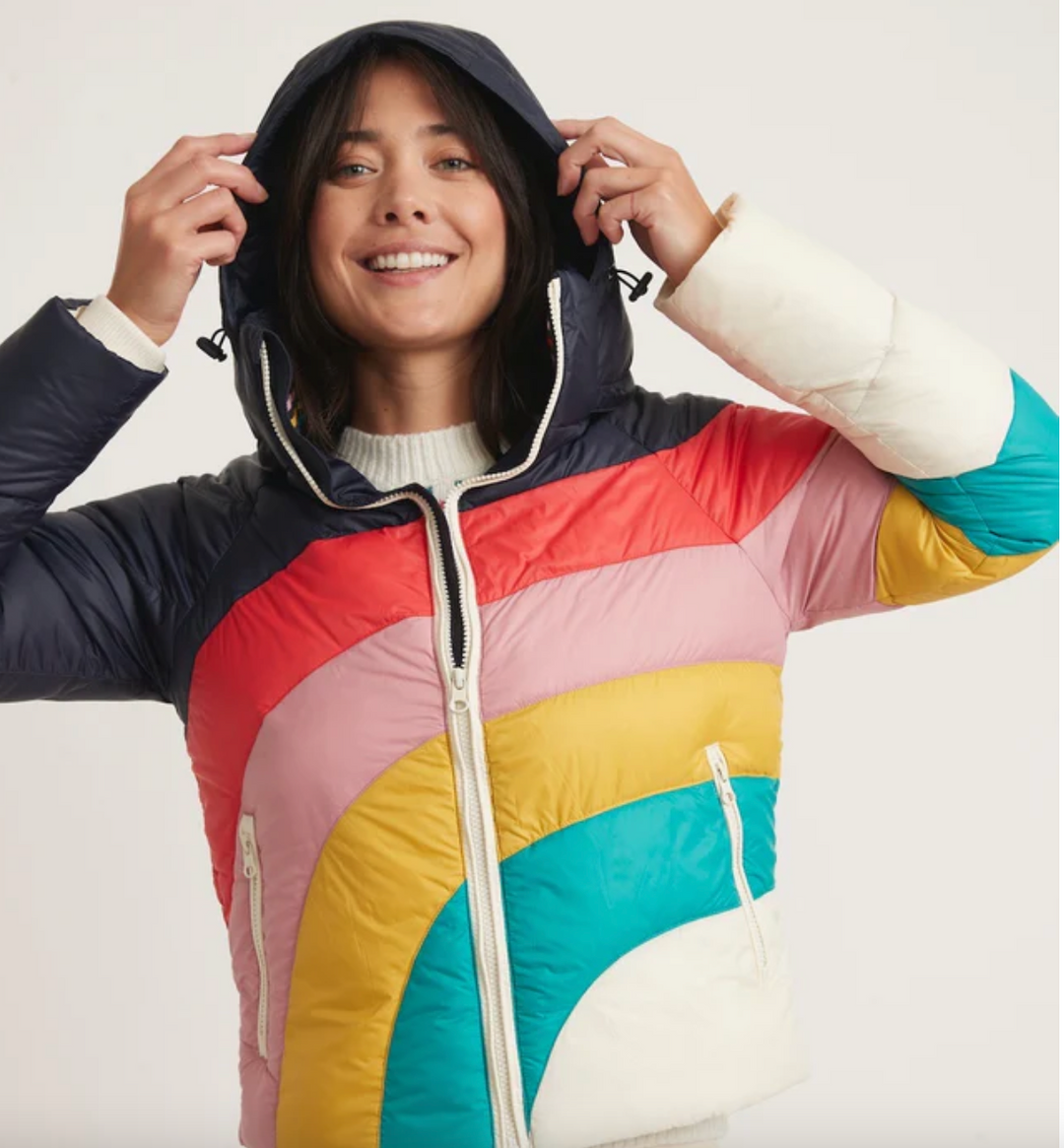Marine Layer Archive Apres Puffer Coat in Navy Rainbow Wave