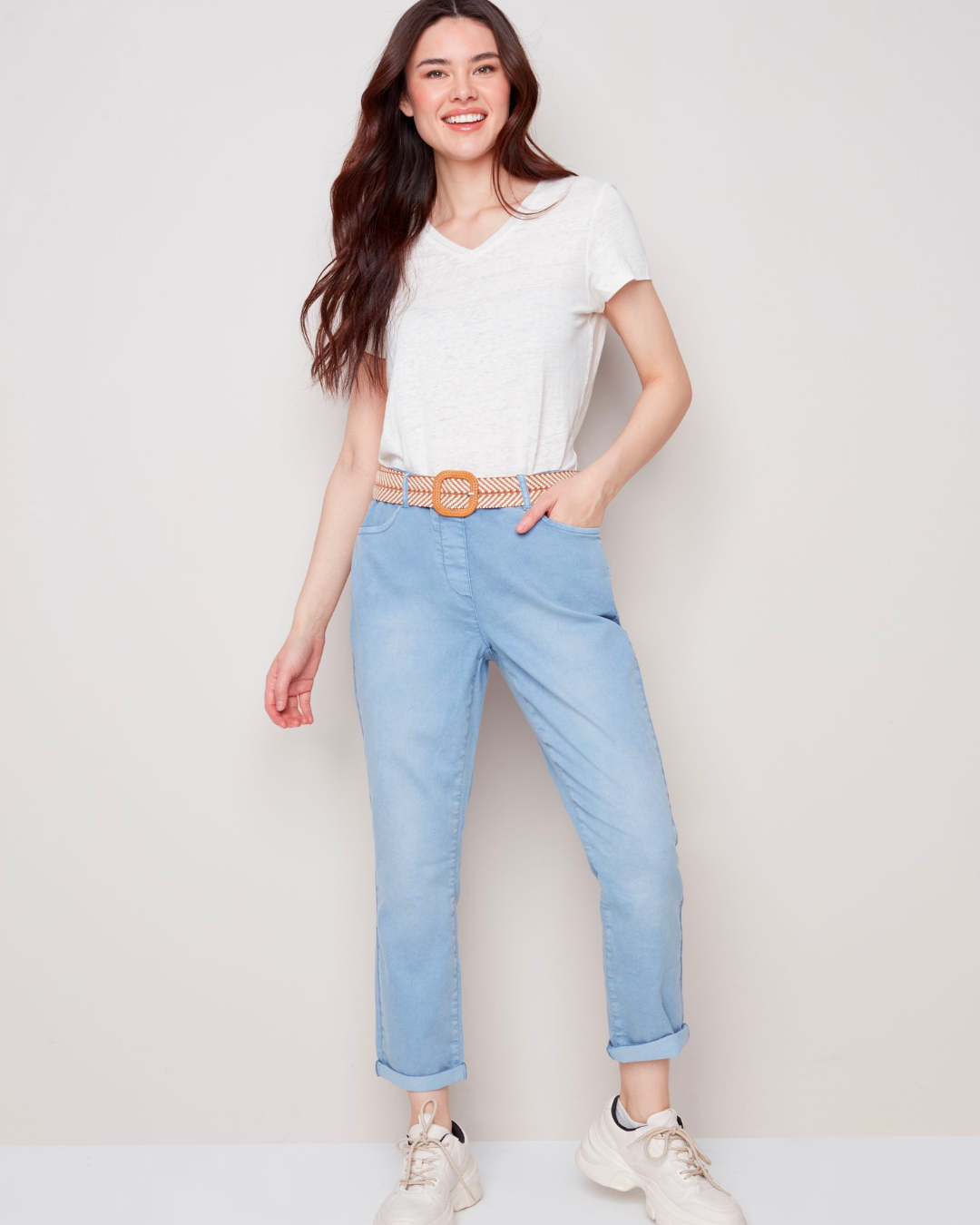 Charlie B Chambray Pull-On Pant With Elastic Waist And Assorted Belt