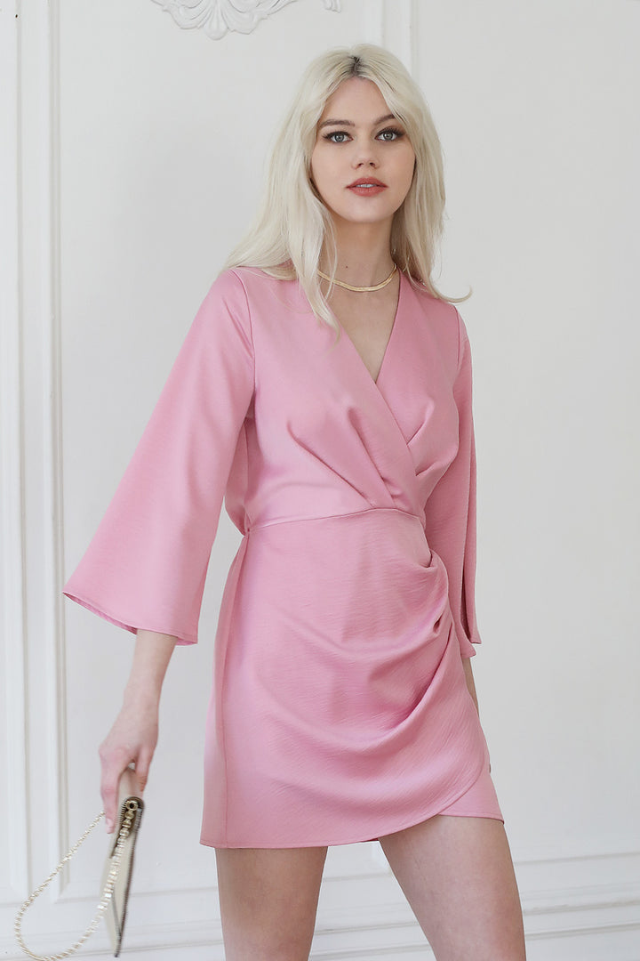 Tyche Washed Satin Crepe Bell Sleeve Bodycon Dress