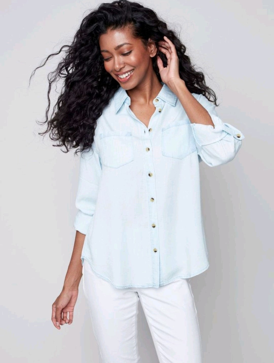 Charlie B Chambray Roll Up Sleeves Collar Shirt With Chest Pockets