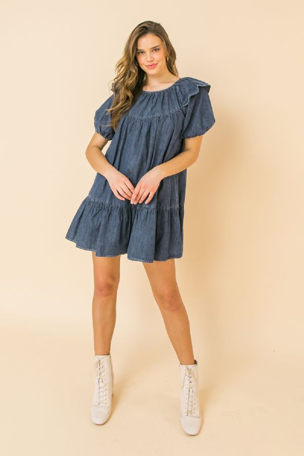 Flying Tomato Lightweight Denim Mini Dress With Round Neckline And Ruffle At Shoulder
