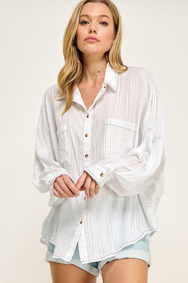 Miss Love Washed Button Down Shirt W/ Contrast Stitch