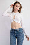Ruched Keyhole Front Long Sleeve Crop Top