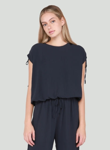 Black Tape Drawstring Shoulder Elastic Hem Top